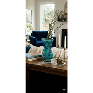 Vintage Haeger Green Blue Floral Square Vase 11” Art Pottery